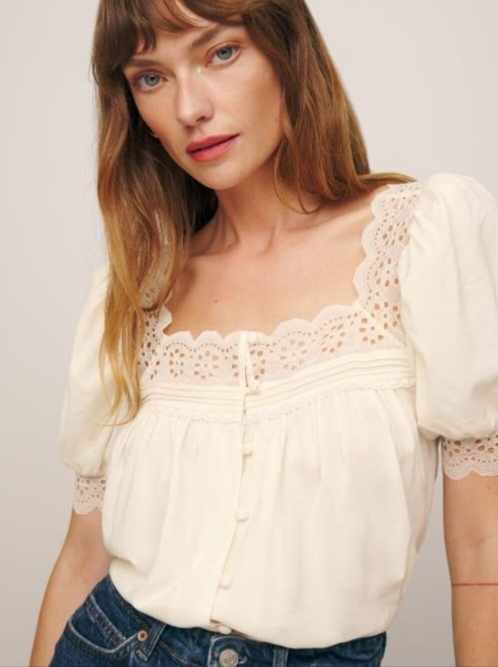 NWT Reformation Cream Eyelet Lace Puff Sleeve Wanda Blouse Sz Small - Picture 2 of 7